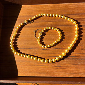 Vintage Monet Gold Tone Faux Pearl Necklace & Bracelet Set Mustard Yellow